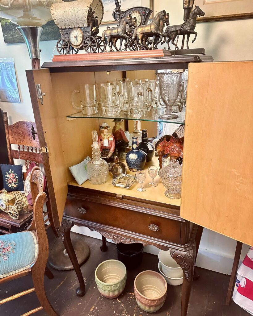 Liquor Cabinet, Glassware, Horse Drawn Covered Wagon Clock