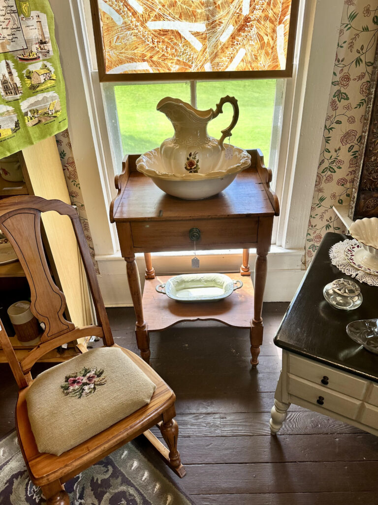 Antique Washstand, Antique Basin & Pitcher, Antique Needlepoint Rocking Chair.